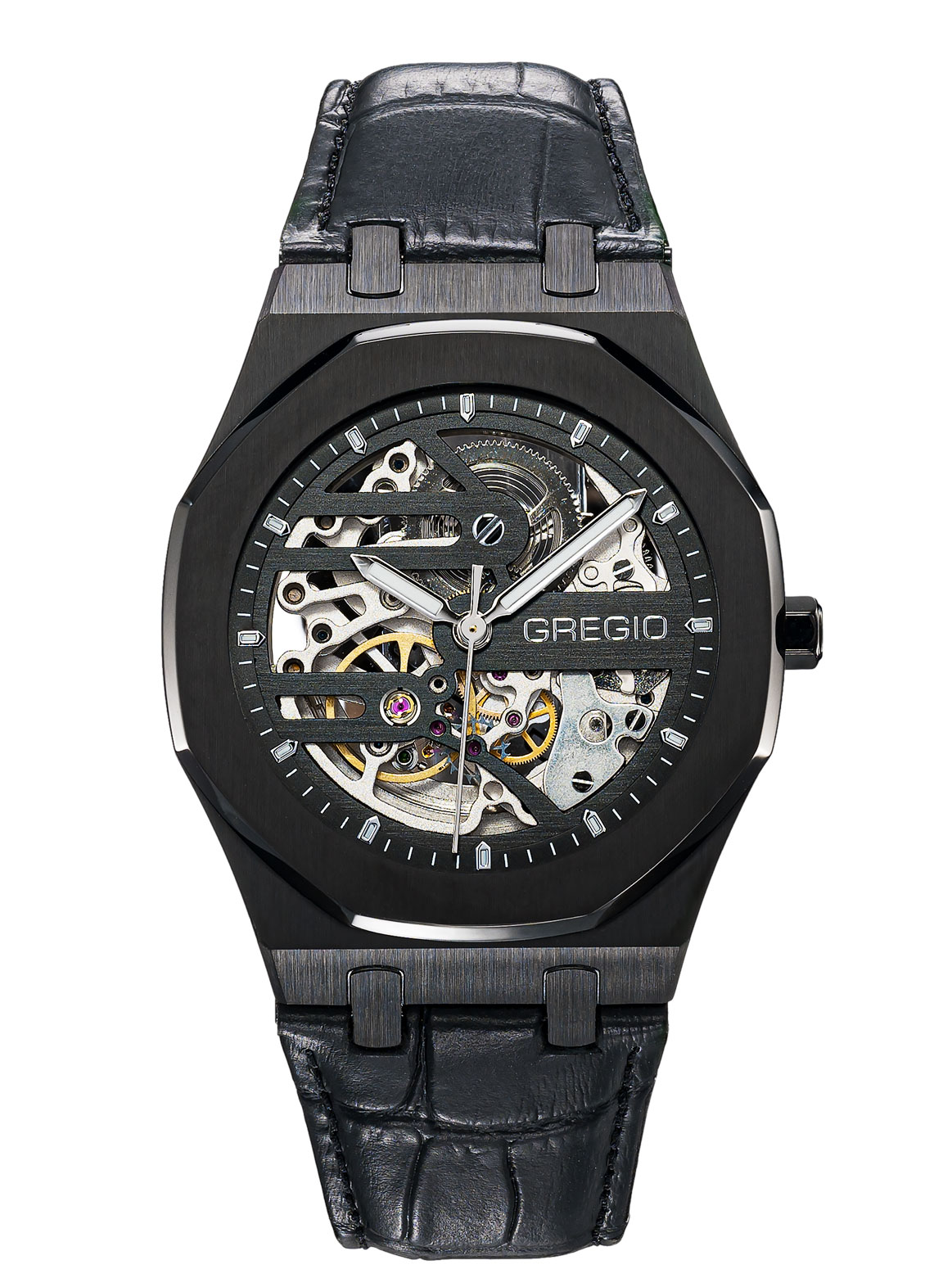 GREGIO The Skeleton Automatic Black Leather Strap GM100050